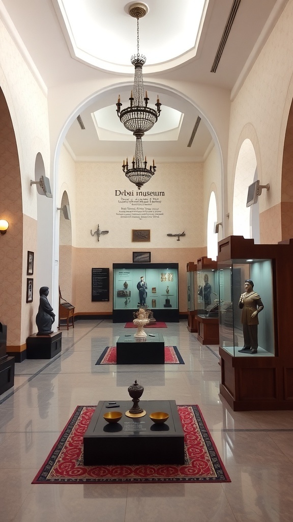 Interior view of the Dubai Museum showcasing artifacts and a chandelier.