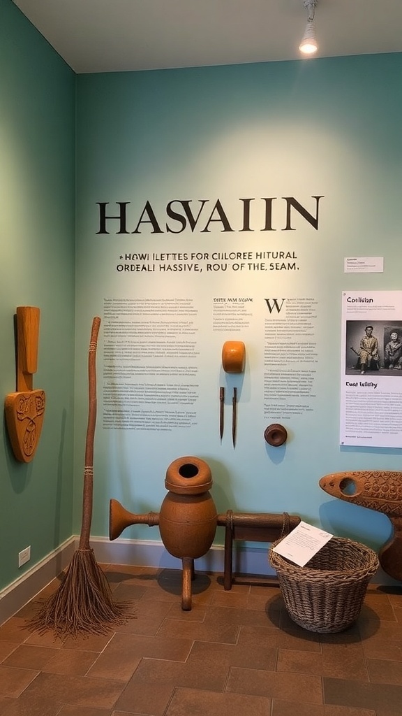 Display at Kauai Museum featuring Hawaiian cultural artifacts and information.