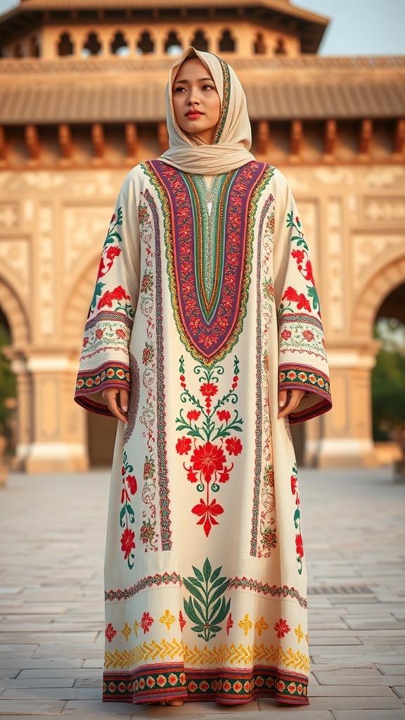A woman wearing an embroidered abaya with a mosque in the background.