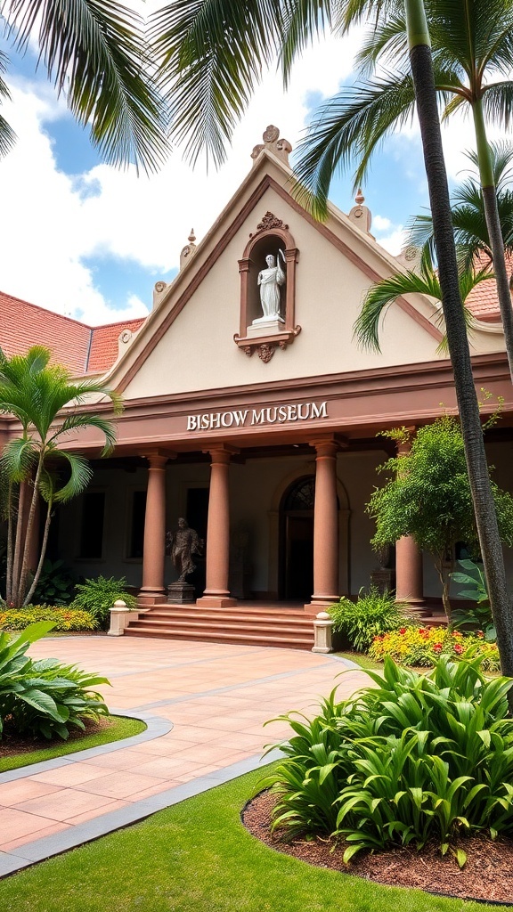 Exterior view of the Bishop Museum in Honolulu, Hawaii, featuring palm trees and vibrant landscaping.