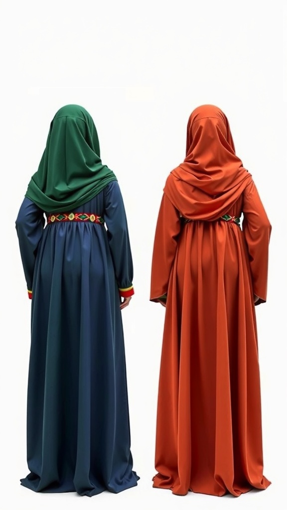 Four women in colorful abayas standing in a street, showcasing the cultural significance of colors in Turkish fashion.