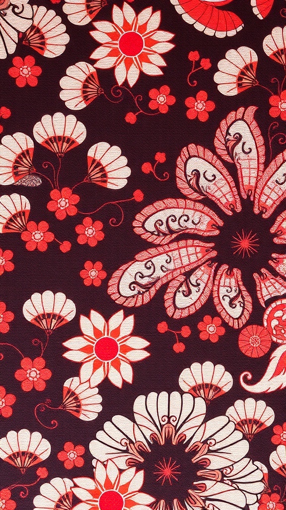 A close-up of a Japanese textile featuring floral patterns and fans in red and white on a dark background.