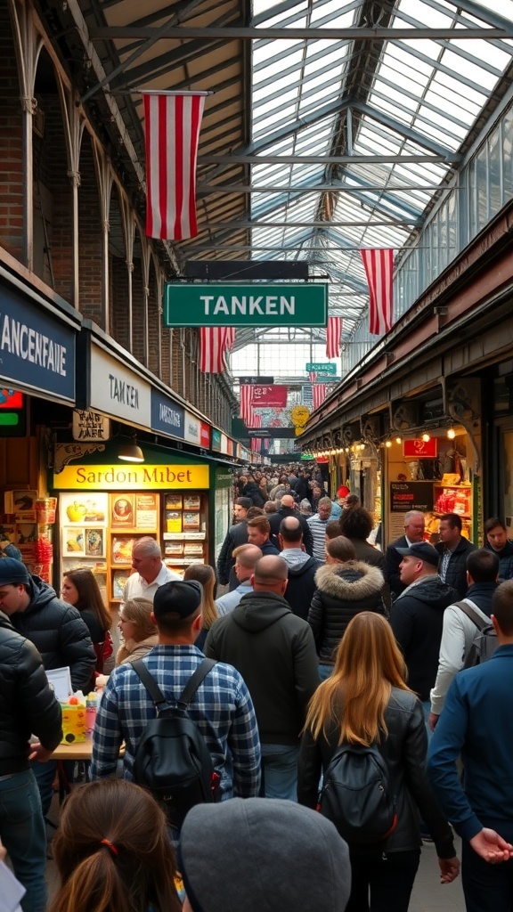 A busy scene at Camden Market with people exploring various stalls and colorful flags hanging overhead.