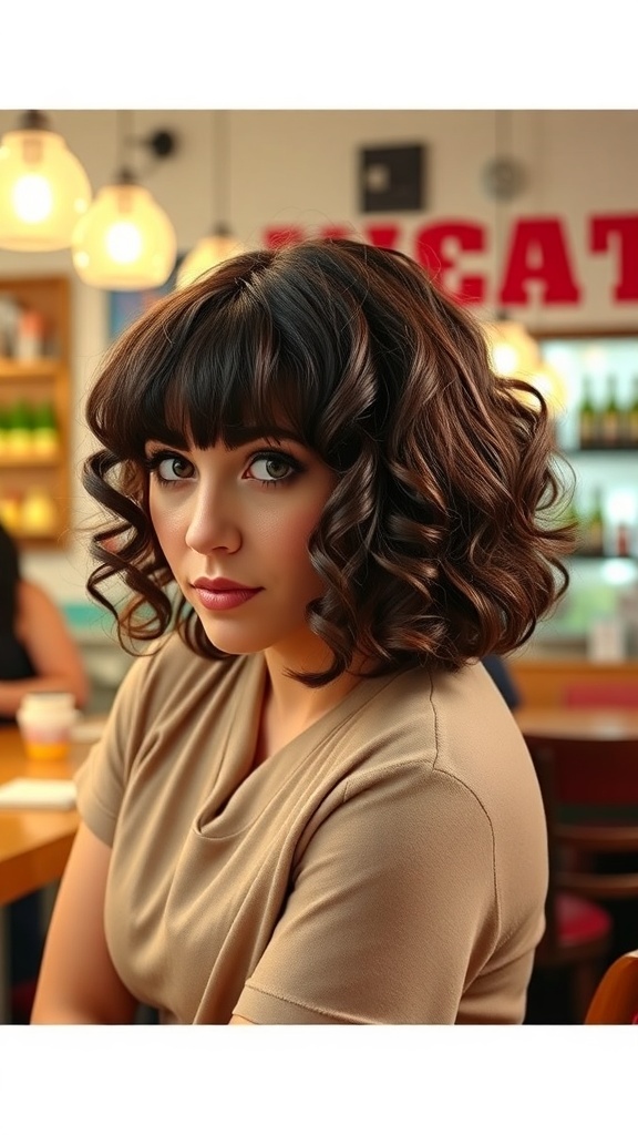 A woman with a curly French bob hairstyle and bangs, sitting in a café.