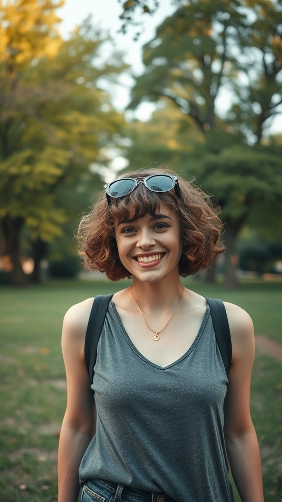 A woman with curly short hair and curtain bangs, smiling outdoors in a casual outfit.