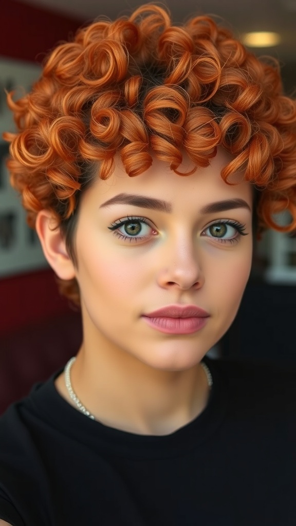 A person with vibrant orange curly short hair, showcasing a stylish and playful hairstyle.