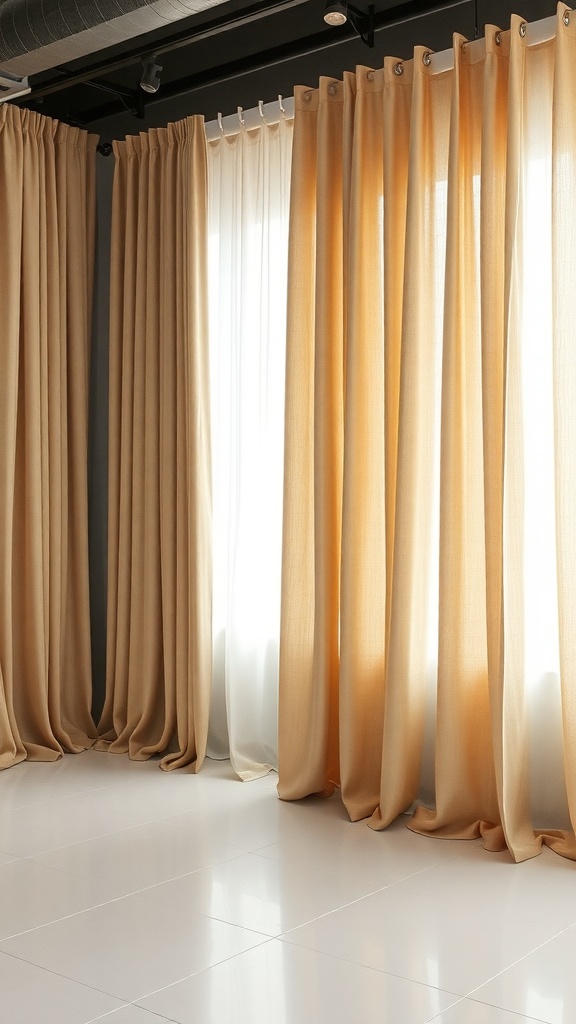 Beige curtains in different lengths framing a window, showcasing a soft and inviting look.