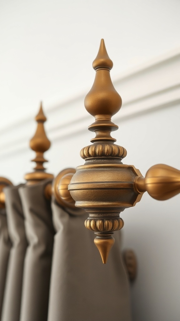 Close-up of a curtain rod with ornate golden finials