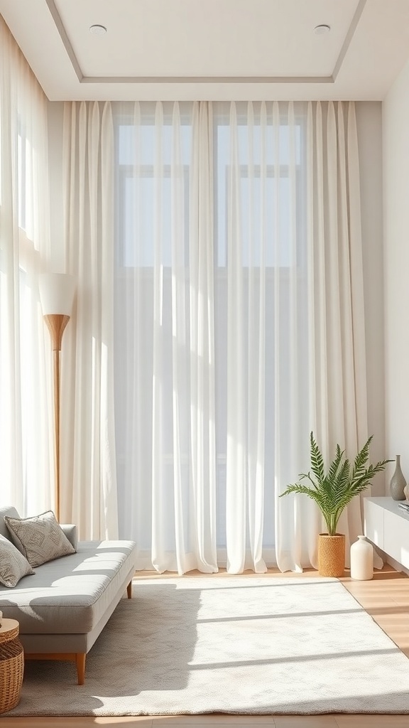 Bright living room with sheer white curtains, a sofa, and a potted plant.