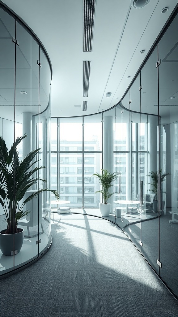A modern office space featuring curved glass walls, natural light, and indoor plants.