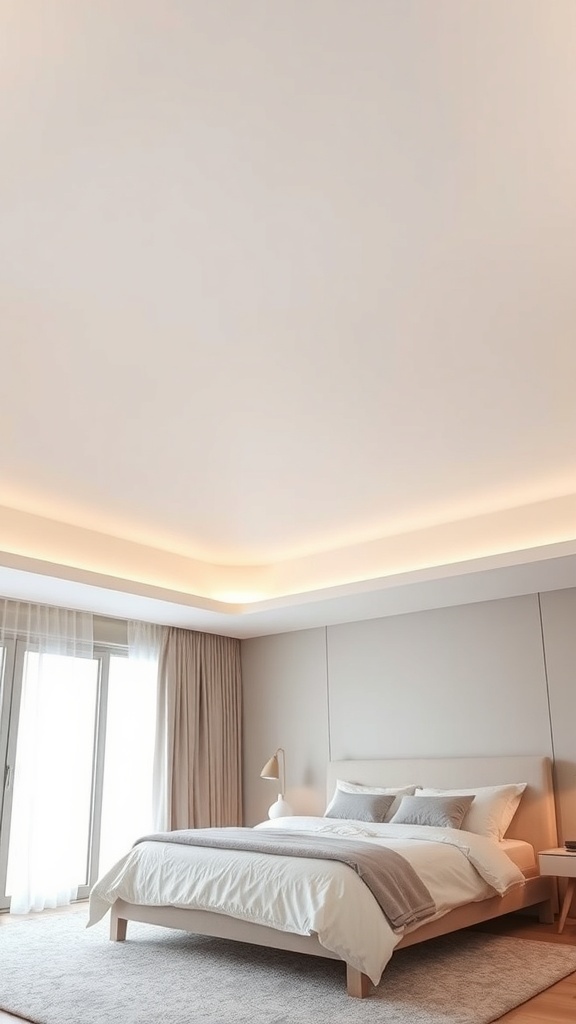 A modern bedroom featuring a soft curvilinear ceiling design with warm lighting.