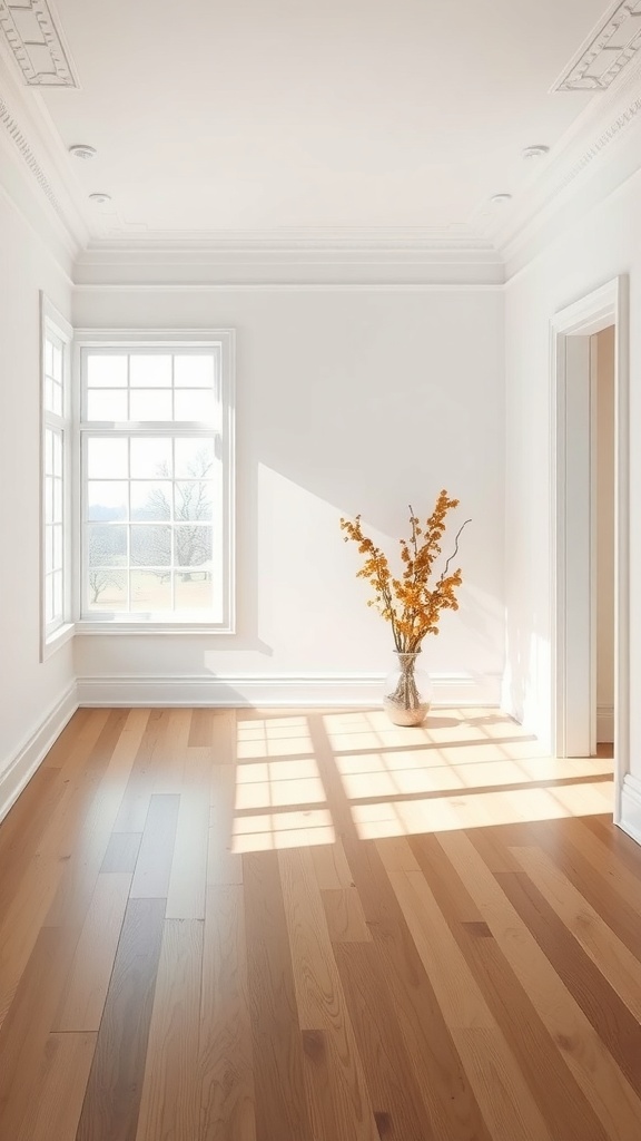 A bright room with wooden flooring, large windows, and a vase of flowers, showcasing a clean and modern design.
