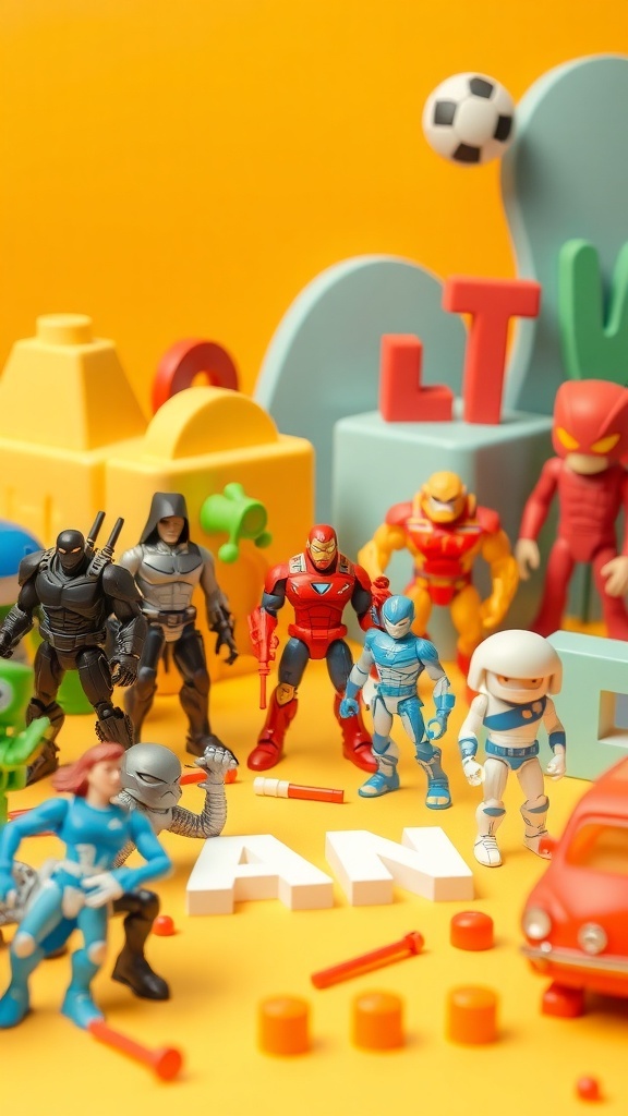 A colorful display of various custom 3D printed figurines and toys against a bright background.