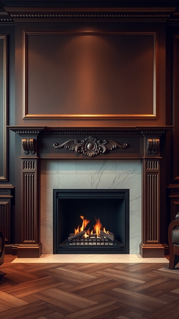 A custom gas fireplace with an ornate wooden mantel, showcasing a warm fire.