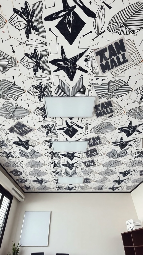 A ceiling with custom black and white wallpaper featuring various geometric shapes and patterns.