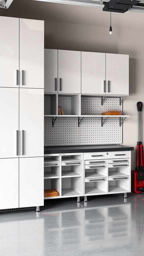 A modern garage with customizable modular cabinet systems featuring white cabinets and open shelving.