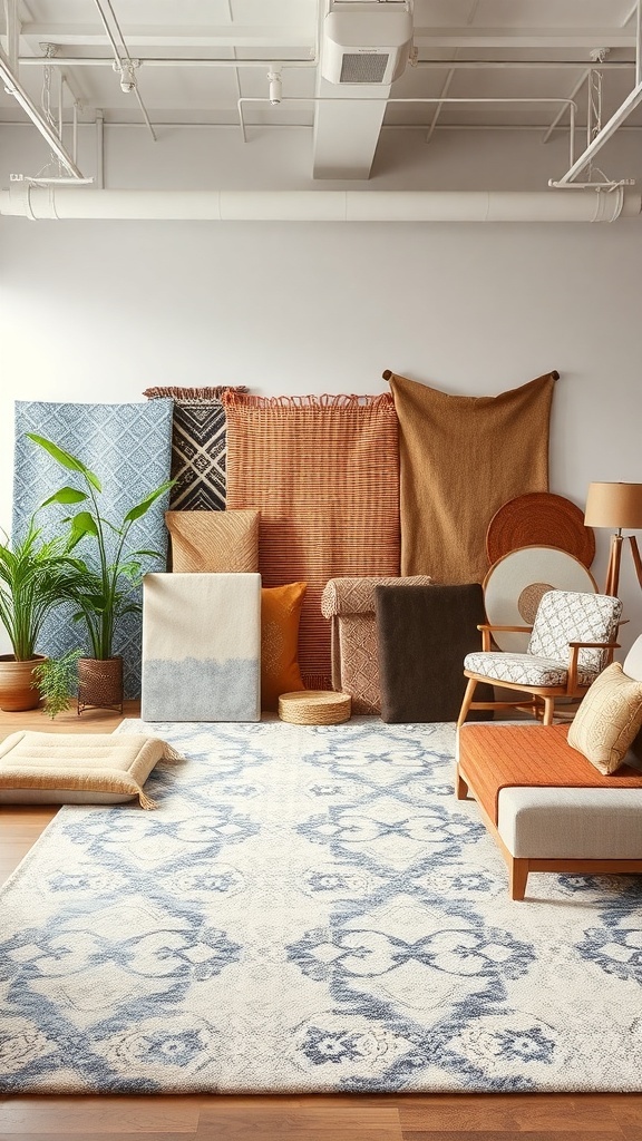Cozy room with a tufted rug, showcasing various fabric samples and textures.