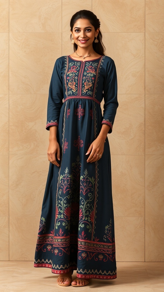 Customized long frock with floral embroidery displayed on a mannequin in a cozy room.