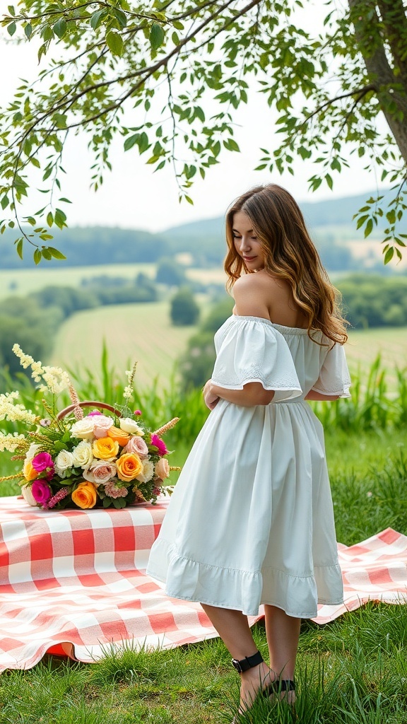 A woman in a white off-the-shoulder dress stands beside a picnic setup with a floral arrangement.