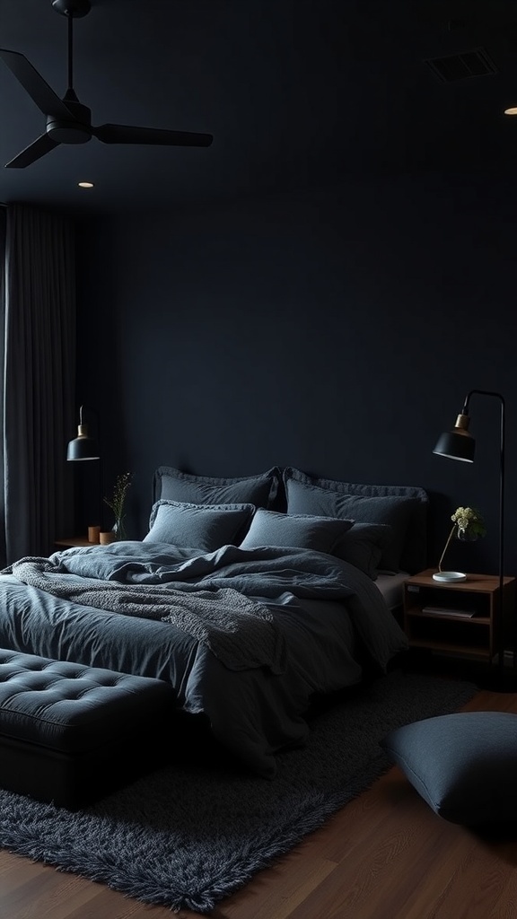 A dark and moody bedroom featuring deep colors, layered bedding, and warm wood accents.