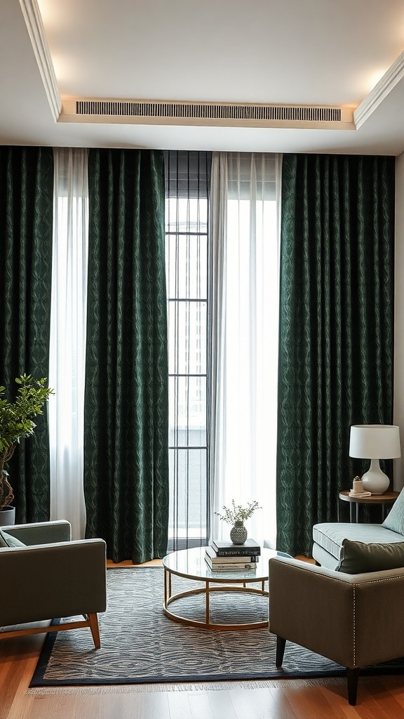 Living room with dark green patterned curtains framing a window, featuring neutral furniture and a coffee table.