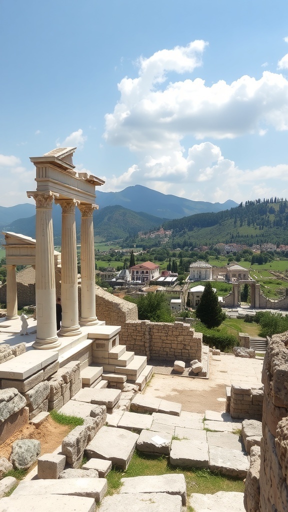 Ruins of ancient Pergamon with columns and mountains in the background