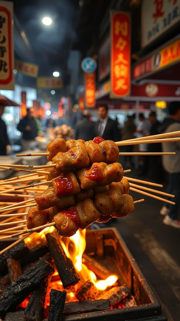 Grilled rice cake skewers with sauce over a grill in a street food setting
