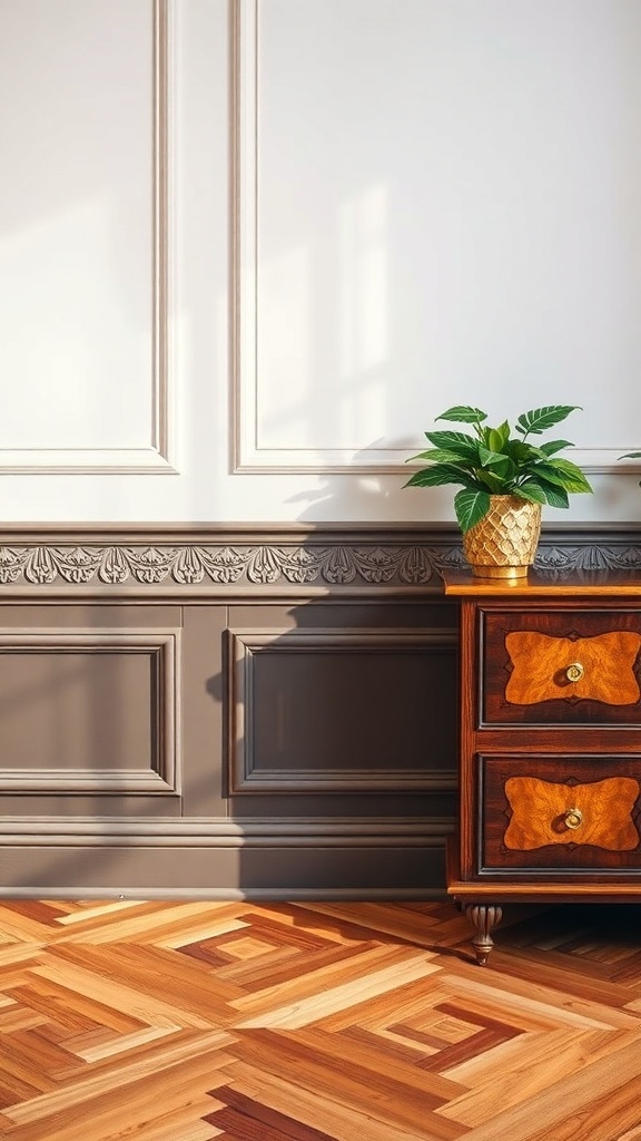 A room with decorative baseboards, a wooden cabinet, and a plant, showcasing a stylish interior design.