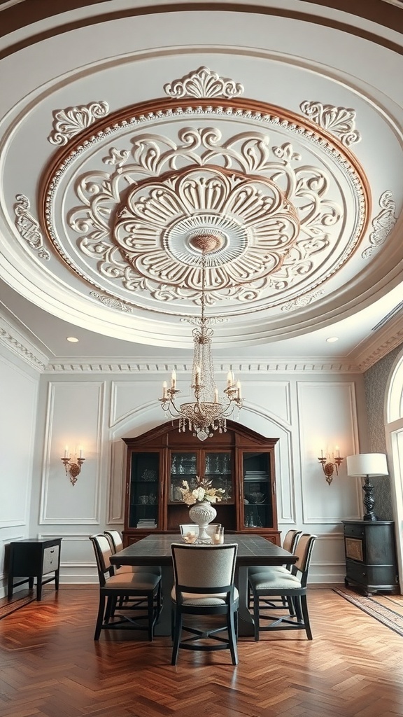 A decorative ceiling medallion in an elegant dining room with a chandelier.