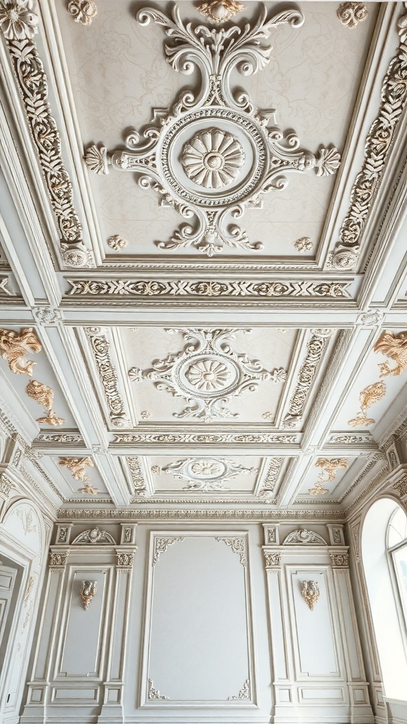 Intricate gypsum ceiling design with floral motifs and gold accents.