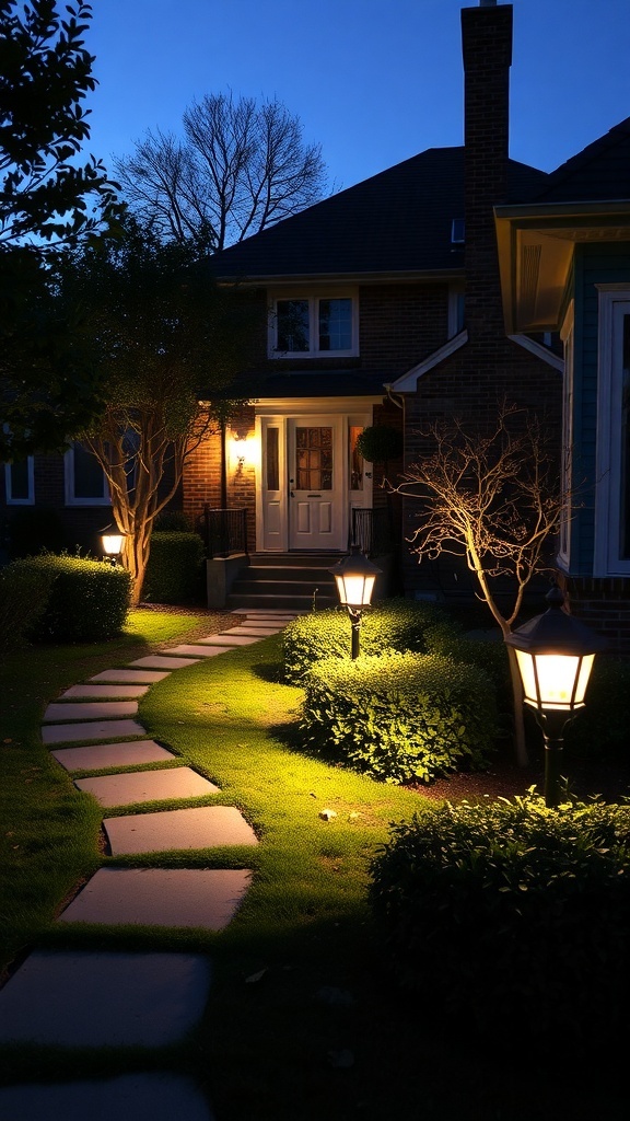 A beautifully lit front garden pathway with lanterns along the walkway, creating a warm evening atmosphere.