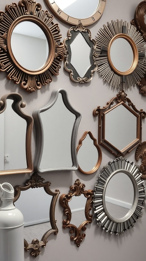 A collection of decorative mirrors in various shapes and styles on a wall.