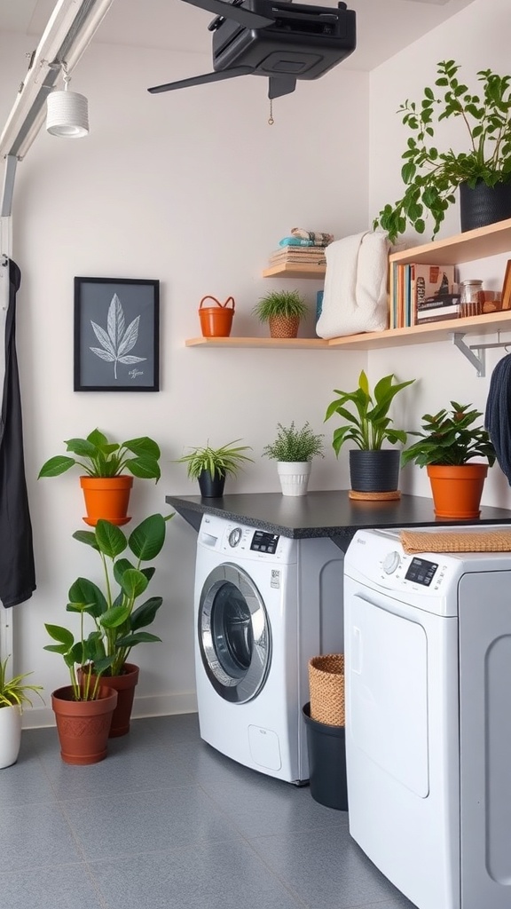 A stylish garage laundry area featuring plants, shelves, and modern appliances.