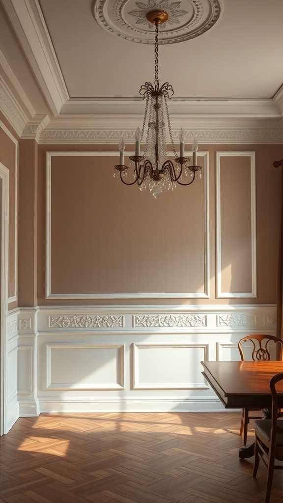 A room featuring decorative wainscoting molding, with a chandelier and wooden flooring.
