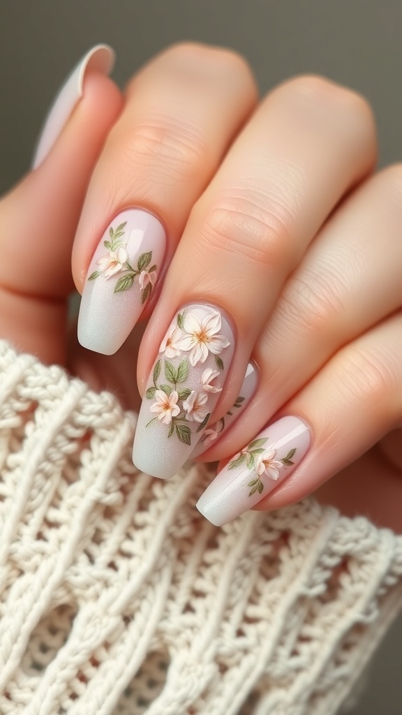 Nails with delicate floral designs in pastel colors.
