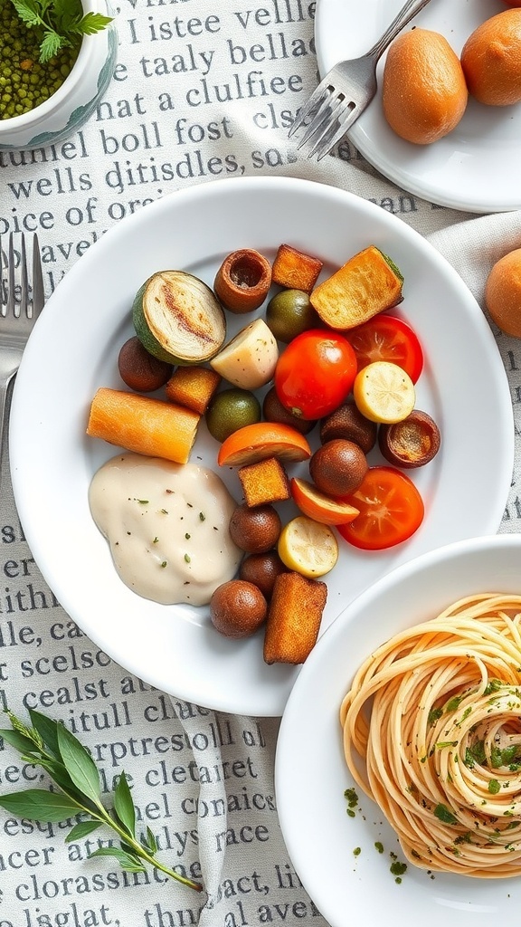 A colorful plate of fresh vegetables and pasta, showcasing Corfiot cuisine