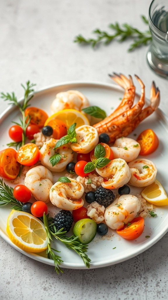 A plate of seafood with shrimp, cherry tomatoes, and lemon slices, showcasing Mediterranean cuisine.
