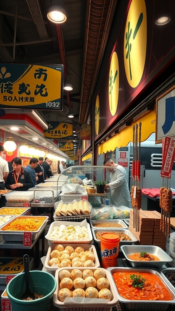 A busy street food market in Japan with various food stalls and dishes on display.