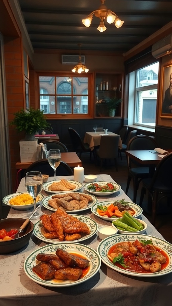 A table set with various traditional Turkish dishes, including grilled meats, salads, and sauces, in a cozy restaurant setting.