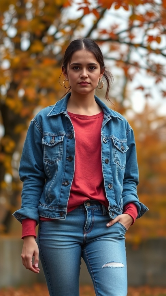A woman wearing a denim jacket over a red top, standing in an autumn setting with colorful leaves.