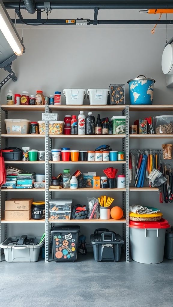 Organized garage shelf with various craft and hobby supplies