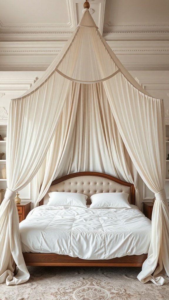 A cozy canopy bed with soft fabric drapes and a wooden frame, creating a serene bedroom atmosphere.