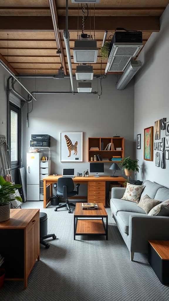 A stylish garage office with a desk, sofa, and decorative elements.