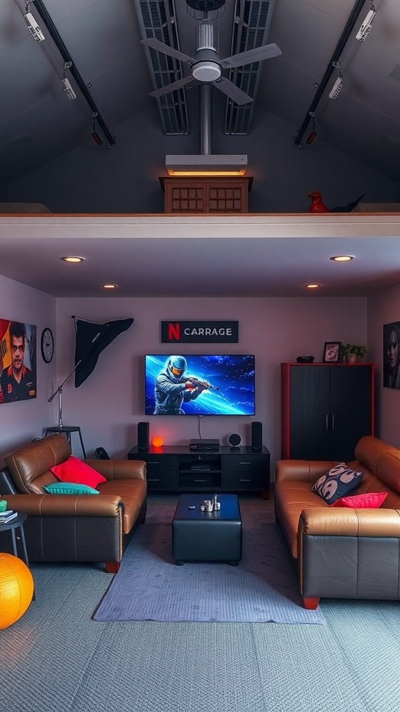 A stylish garage loft designed as an entertainment area with leather sofas, a large TV, and colorful decor.