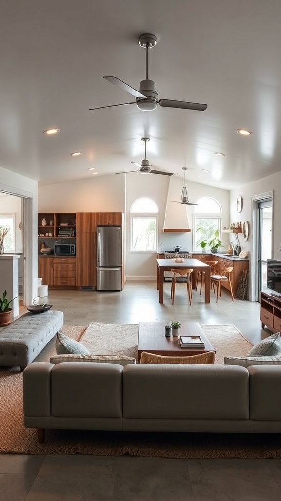 An open-concept layout featuring a living area, dining area, and kitchen in a garage guest house.
