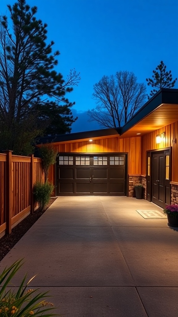 A stylish garage guest house with wooden facade and welcoming entrance at night.