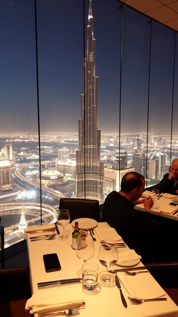 A dining table set for two with a view of the Burj Khalifa in Dubai.