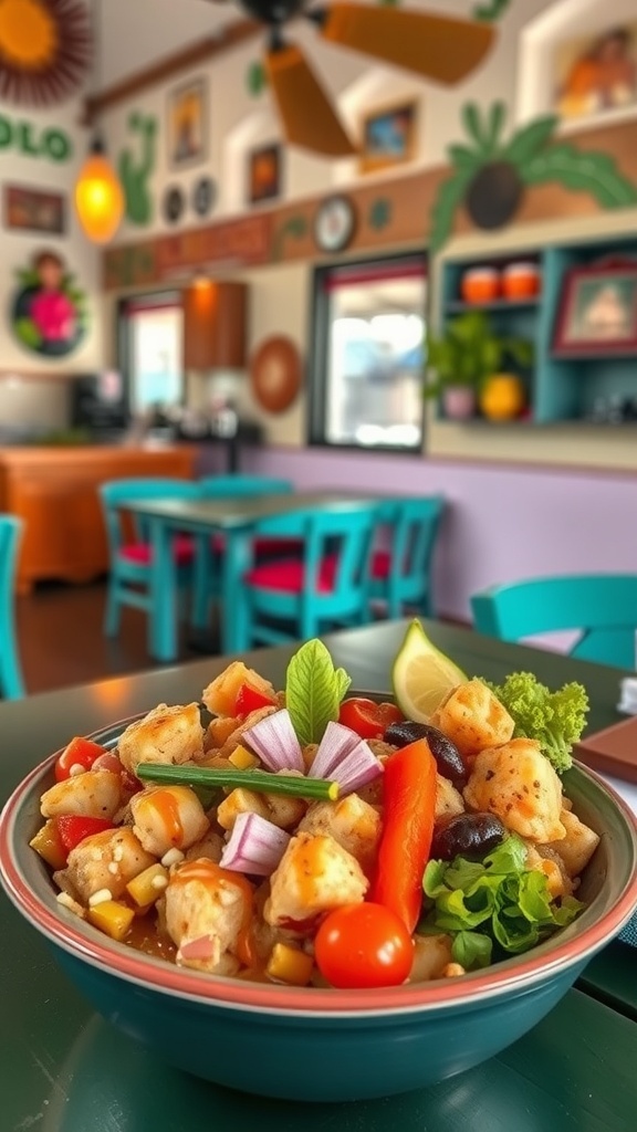 A colorful bowl of fresh ingredients representing local cuisine in Kapa'a, Kauai.