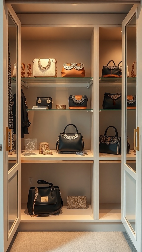 A stylish open wardrobe displaying various handbags and accessories on glass shelves.