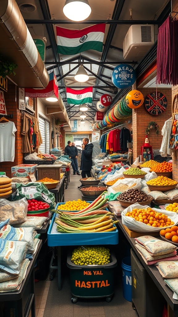 A vibrant local market in New York showcasing diverse produce and cultural flags.